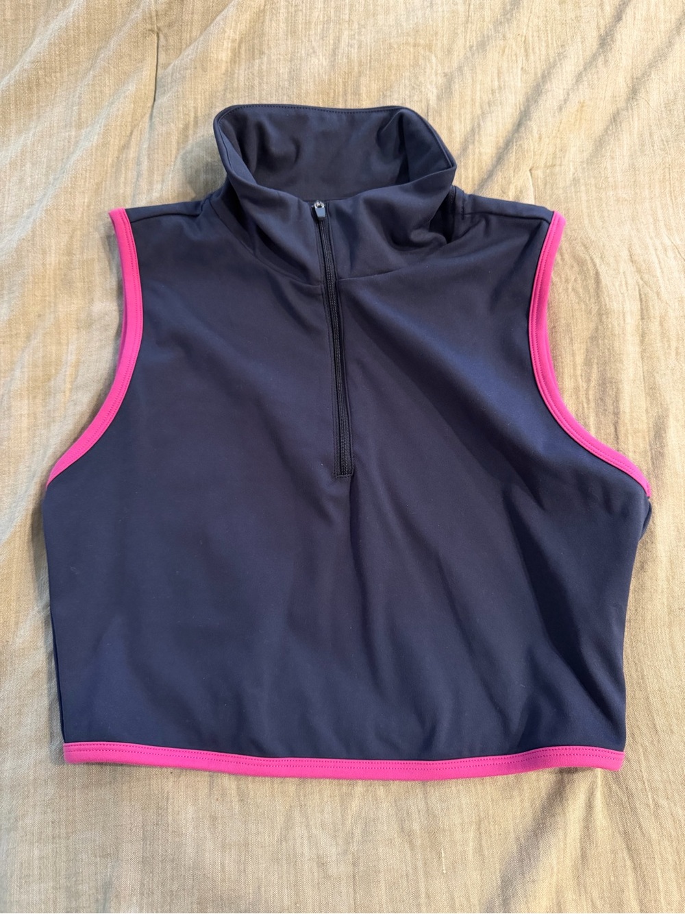 Sincerely Jules Active Zip Mock Neck Crop Top - Deep Navy with Pink Trim